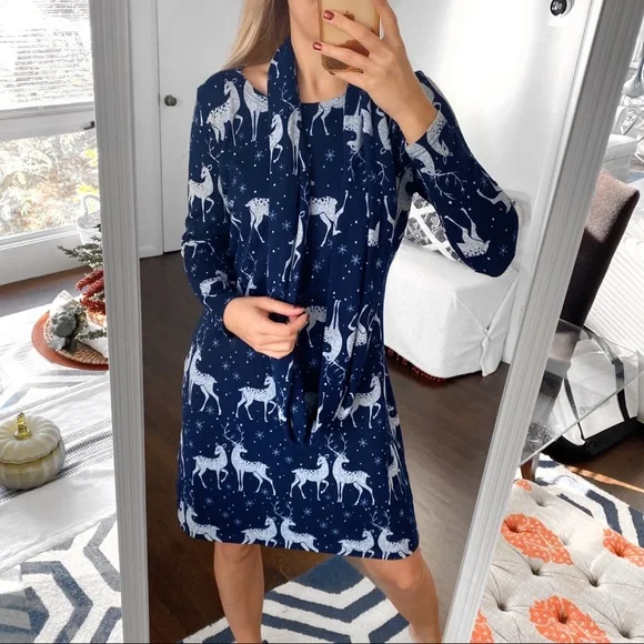 π KALEIDOSCOPE NAVY WHITE REINDEER 2-PIECE PAJAMA SCARF SET! - Picture 1 of 13